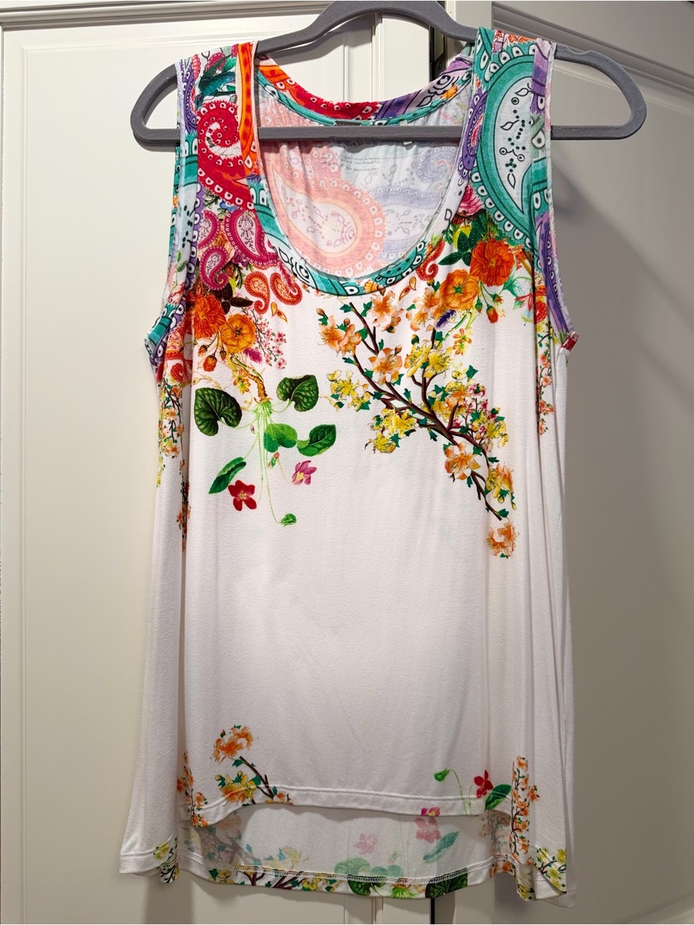 Elie Tahari Mixed Print Floral Paisley Tank Top Size Large Jersey Knit Boho